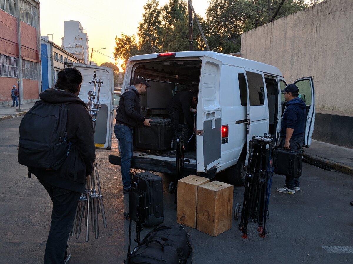 Equipo técnico cargando equipment van
